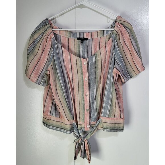 DREW Women's LG Linen Blend Pastel Striped Tie Front Top Blouse Anthropologie - Picture 3 of 8